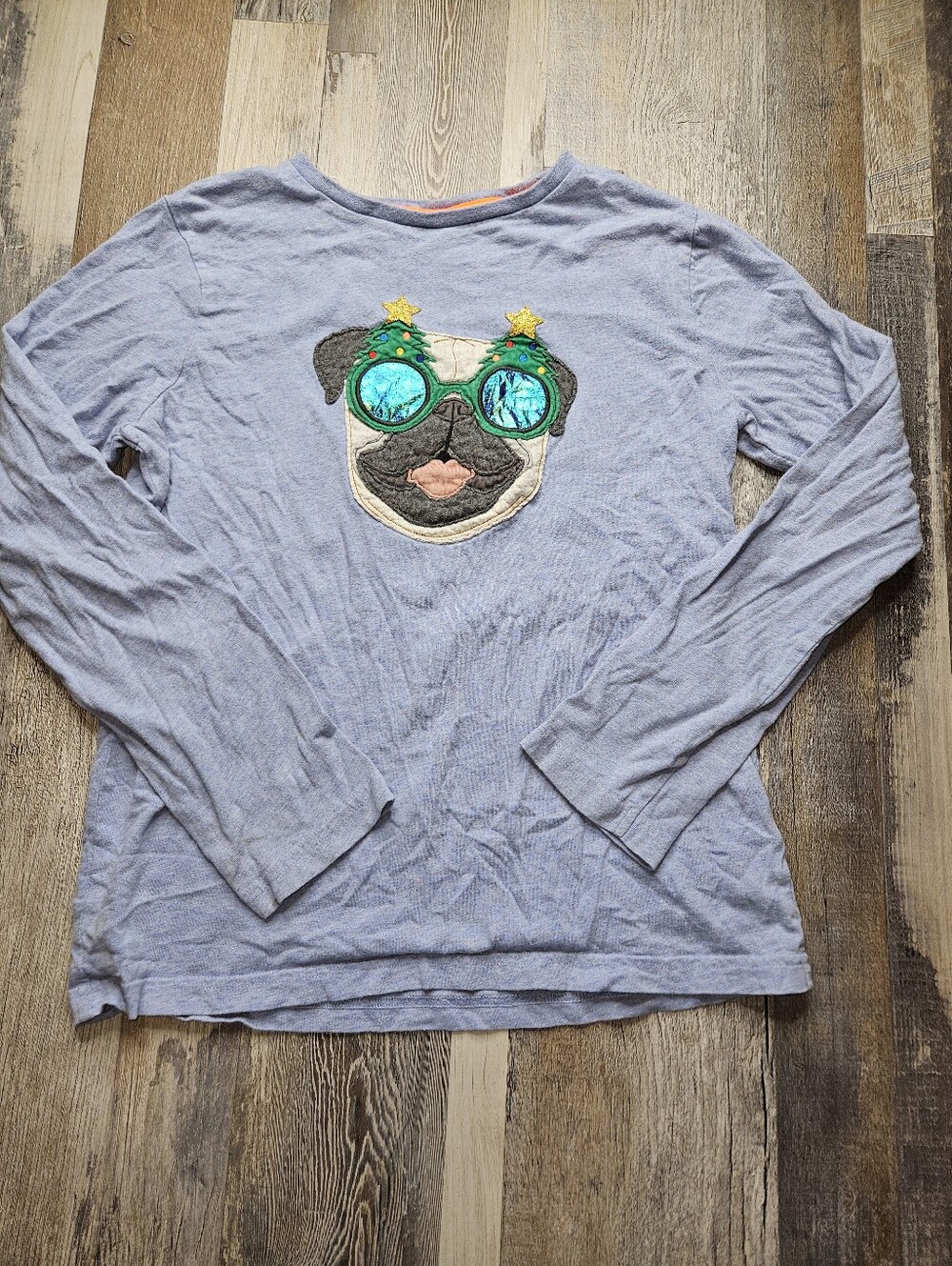 Mini Boden Youth Longe Sleeve Tshirt Pug Dog Wearing Christmas Tree Glasses
